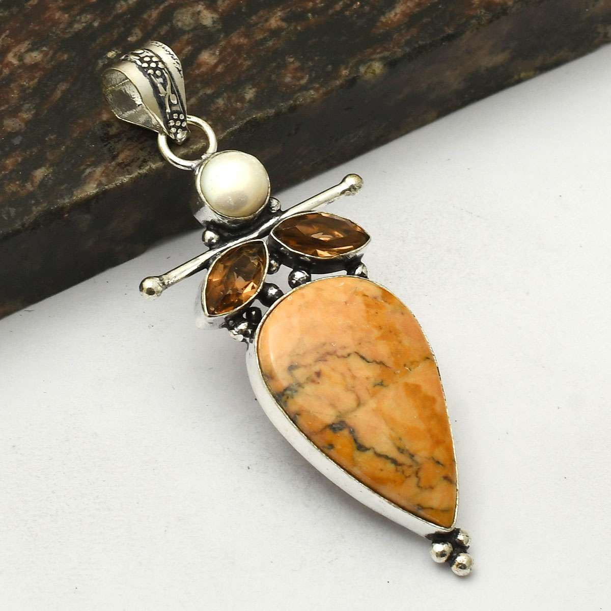 Dendrite Opal Honey Citrine Gemstone Ethnic Handmade Pendant Jewelry 3