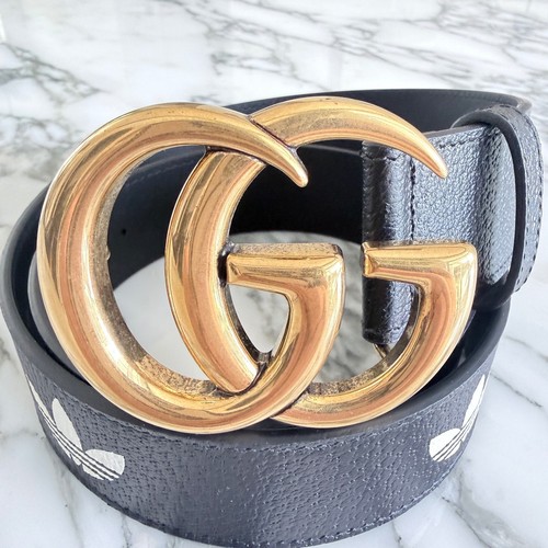 Gucci x Adidas Black Leather Belt Double G Marmont Buckle 80/32 406831-U4DAT