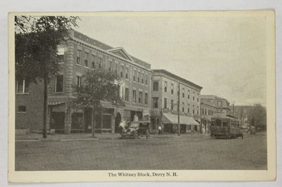 1915 Whitney Block West Broadway Derry NH Street Scene Trolley Postcard