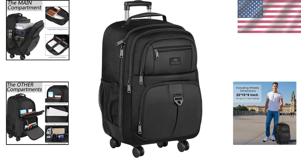 Mochila rodante resistente al agua para computadora portátil de 17 pulgadas para viajes y viajes diarios Foto 2 de 4