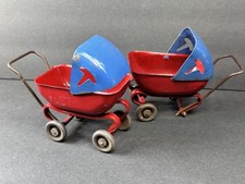 Vintage mini Metal Doll Carriage Stroller Pair Red  Blue Mid-Century Toy