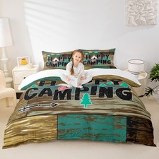 Happy Camping Campers Duvet Cover Queen,Wooden Door Pines Lattice Bedding Set...