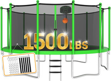 1500LBS Trampoline for Adults/Kids, Safety Net, Basketball Hoop  Ladder