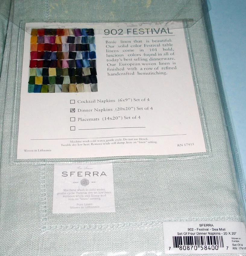 Sferra Festival Sea Mist Servilletas de Cena de Lino Verde Cosidas con Dobladillo 20x20" JUEGO/4 Nuevas Foto 3 de 4