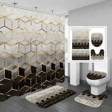 4 Pcs Bathroom Shower Curtain Set with Non-Slip Rugs, Toilet Lid Cover and Bath