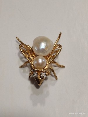 14K GELBGOLD BIENE ANSTECKNADEL MIT PERLEN UND DIAMANTEN