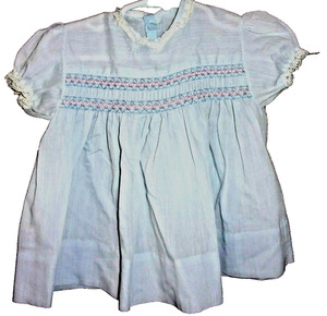 1950's -60's Blue Baby Dress w/ Hand Smocking & Lace Trim Handmade?
