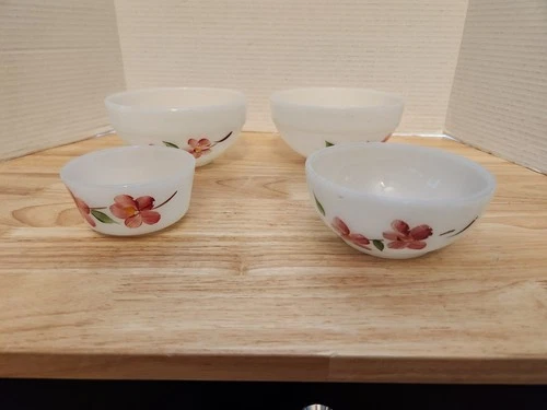 Fire King Peach Blossom Milk Glass Bowls lot of 4 Vintage Anchor Hocking