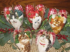 Country Christmas Farmhouse 5 Cat Hearts Ornaments Wreath Accents Handmade Gift