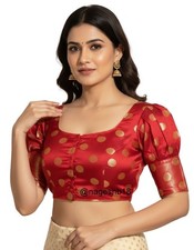 Traditionindia Banarasi Silk Saree Blouse, Maroon Puff Sleeves Sari Blouse