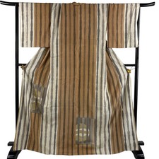 Silk Brown L Kimono Dress Vertical Stripes Used