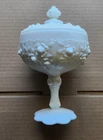 Fenton White Milk Glass Rose Cabbage Pedestal Compote Candy Dish + Lid Vintage