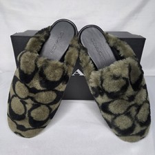 Coach Women's Signature Clog Shearling Slippers Olive Plush Green NIB SZ 7 B