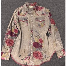 Vintage Goa Womens Small Floral Cotton Western Button Down Shirt Grey Red a3