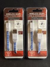 Lot Of 2- Wireless Gear - Sync  Charge Micro USB Cable - Blue  White - 4ft