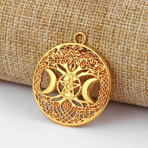 Authentic large WICCA MOON PENTAGRAM pendant GOLD plated 18K necklace 20" chain female men