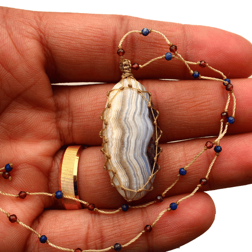 Handmade Mexican Natural Crazy Lace Agate Beautiful Macrame Gemstone Necklace - Picture 5 of 9