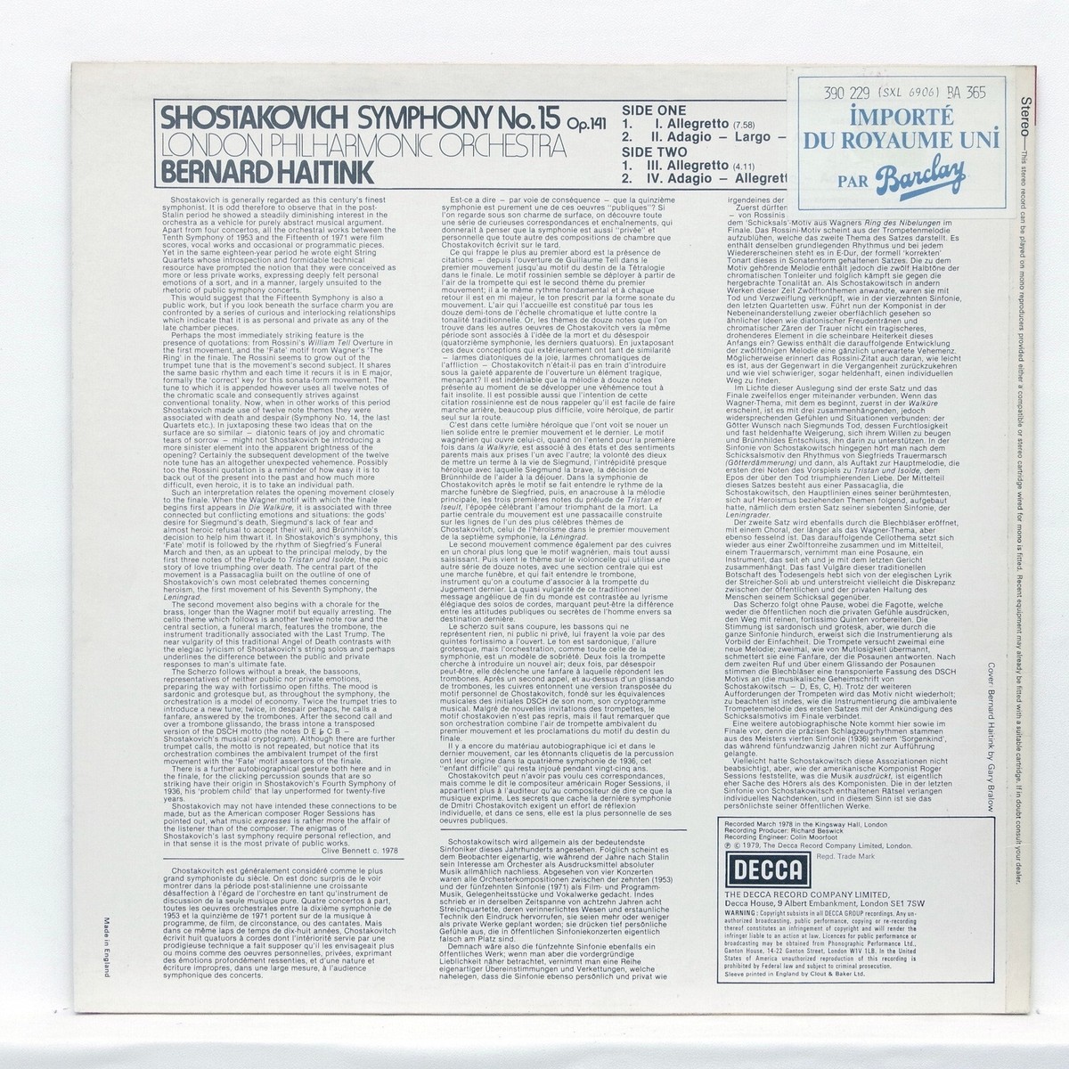 SXL 6906 – BERNARD HAITINK – SHOSTAKOVICH symphony no.15 ⸺ DECCA