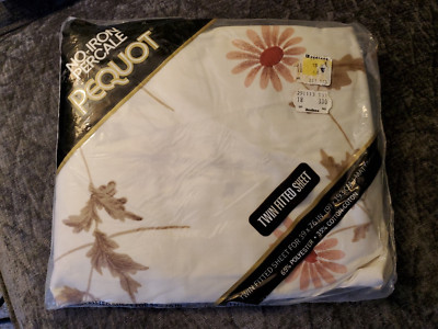 No Iron Percale Pequot Fitted Twin Bed Sheet Floral  White NOS