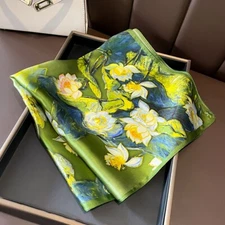 21'' 100% Pure Silk Scarf Women Lotus Flower Kerchief Small Square Bandana Green