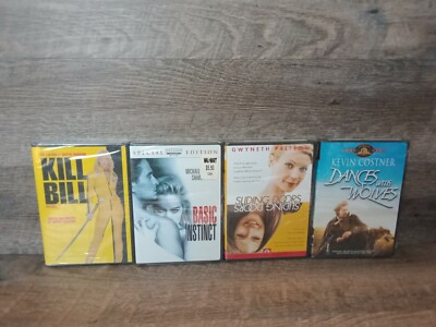 New Sealed DVD Movie Lot x4 Kill Bill Basic Instinct Sliding Doors Dances With..