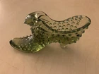 Vintage Fenton Olive Green Hobnail Glass Slipper Shoe with Cat Head