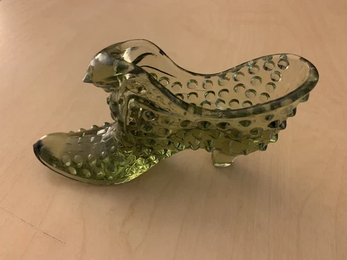 Vintage Fenton Olive Green Hobnail Glass Slipper Shoe with Cat Head