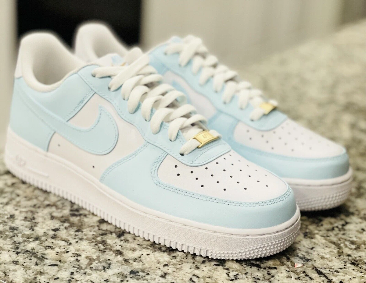 snak Opsætning Ring tilbage Nike Air Force 1 Low Ice Blue Custom Sneakers White Shoes Benefits Charity  | eBay