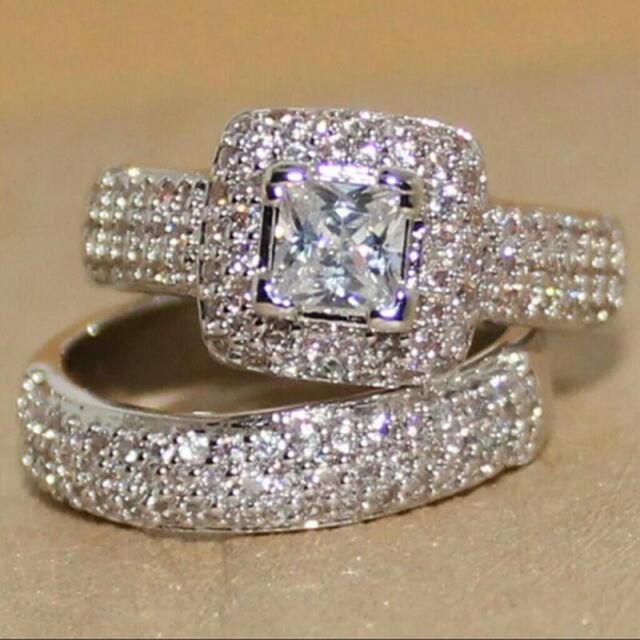 2pcs/set Women Luxury Wedding Ring 925 Silver Cubic Zircon Jewelry Sz 6-10