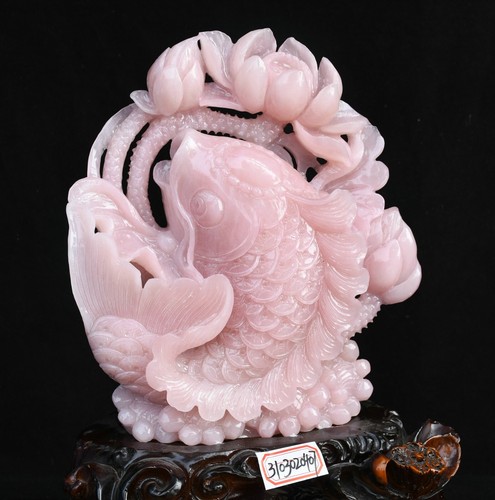 16" Old Chinese Naturally Pink Xiu Jade Craving Fengshui Fish Animal Sculpture - Picture 7 of 15