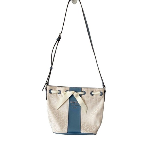 DKNY Ivory Cream and Blue Trims Lace Bow Front Bucket Style Crossbody Purse Bag - Picture 2 of 14