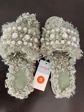 Cat Jack Girls Curly Faux Fur Pearl Slide Slippers -Green-Sz 3-NWT