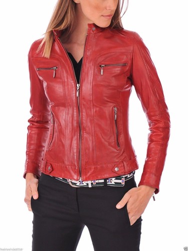 Red Women's Lambskin Soft Real Leather Jacket Motorcycle Slim Fit Biker Jacket - Picture 2 of 4