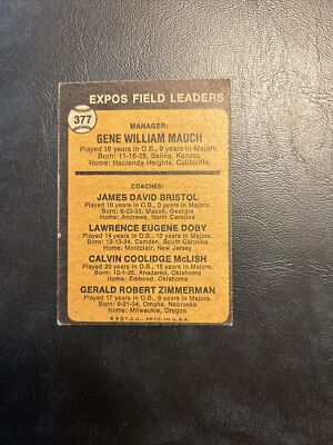 #377 Gene Mauch Larry Doby Montreal expos team leaders￼￼   1973 Topps,￼Cb34