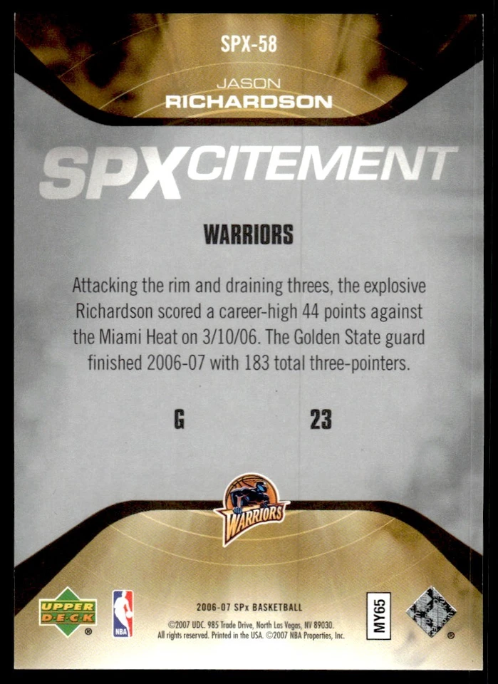 2006-07 SPx SPXcitement Jason Richardson /2999 Golden State Warriors #SPX-58 - Image 2 of 2
