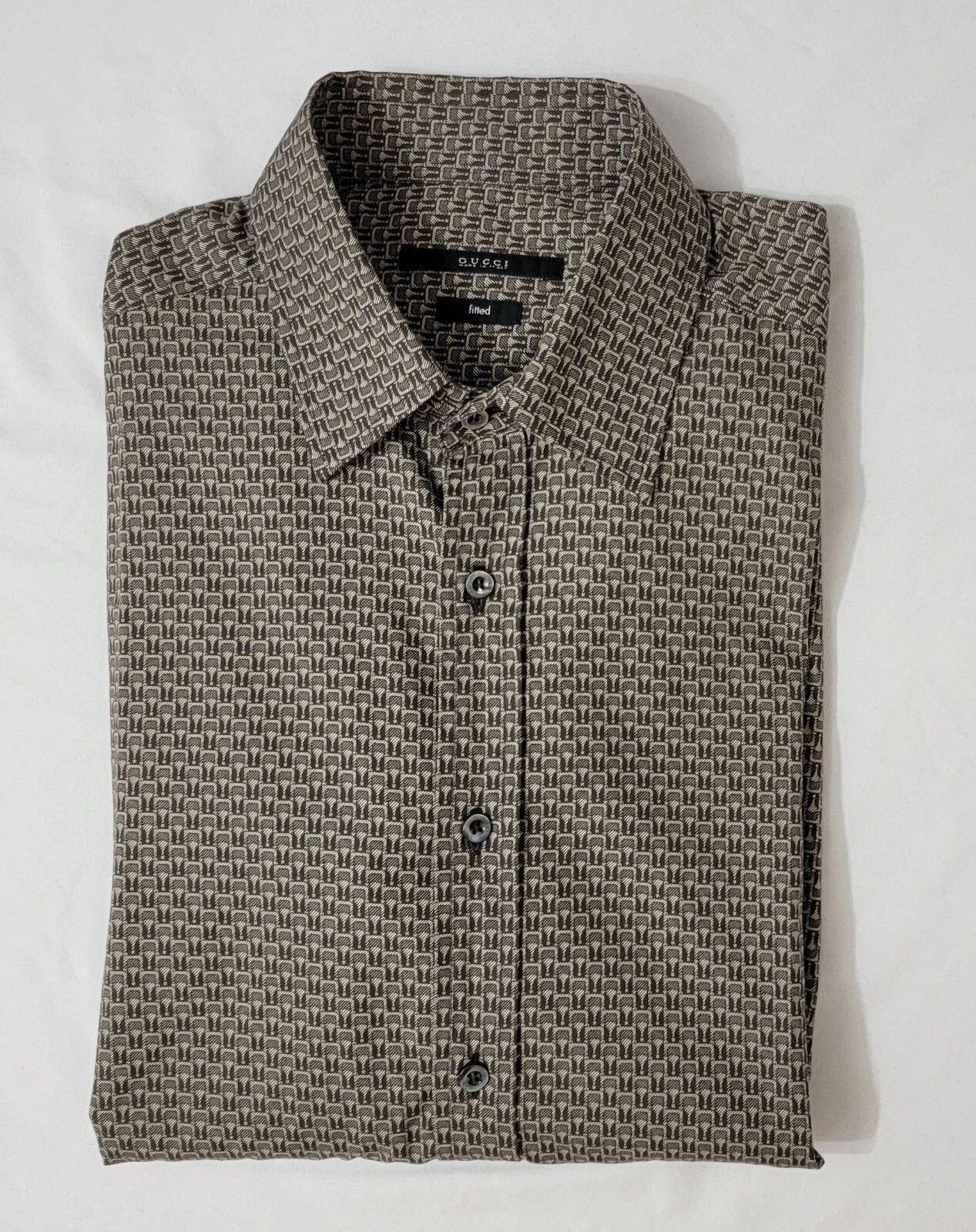 Camicia Gucci uomo maniche lunghe cotone motivo tonale kaki taglia 17 5US 44IT