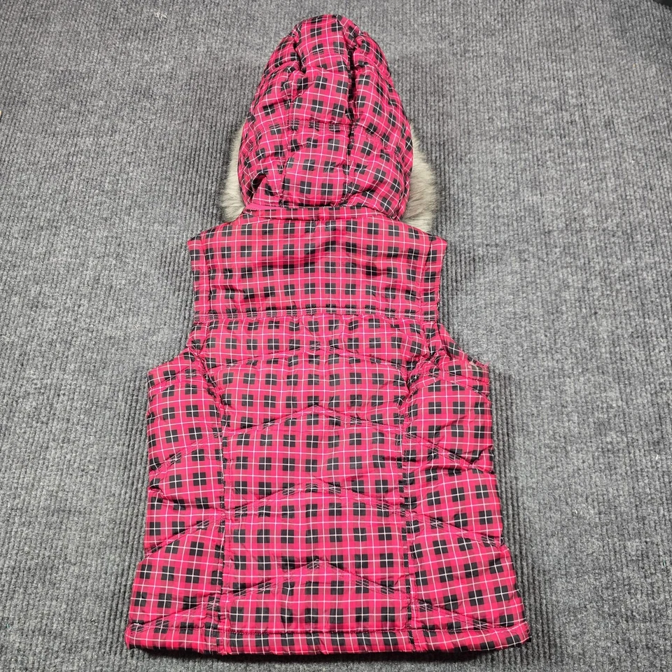 Vintage Aeropostale Vest Womens Medium Pink Plaid Hooded Puffer Faux Fur Lined - Image 2 of 4