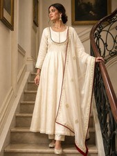 Readymade Off White Embroidered Anarkali Suit Palazzo Dupatta Party Wear Set