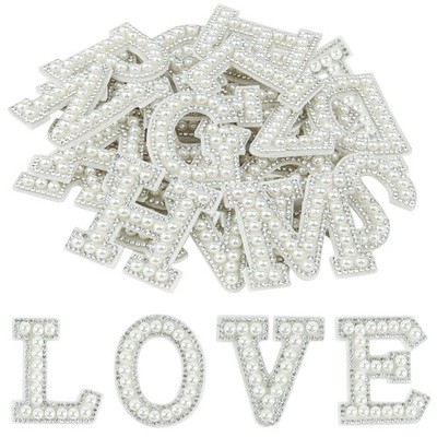 Pearl Rhinestone Alphabet Patches, 26Pcs Stick On Letters, White