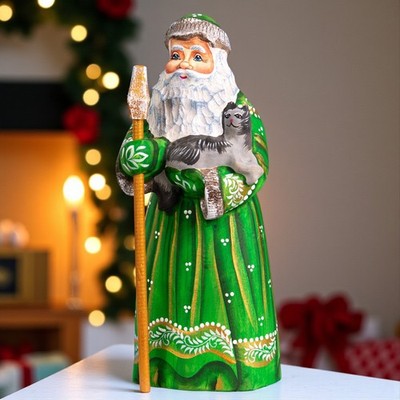 Santa with Cat Figurine 9''   Hand Painted Wooden Holiday Gift for Cat Lovers