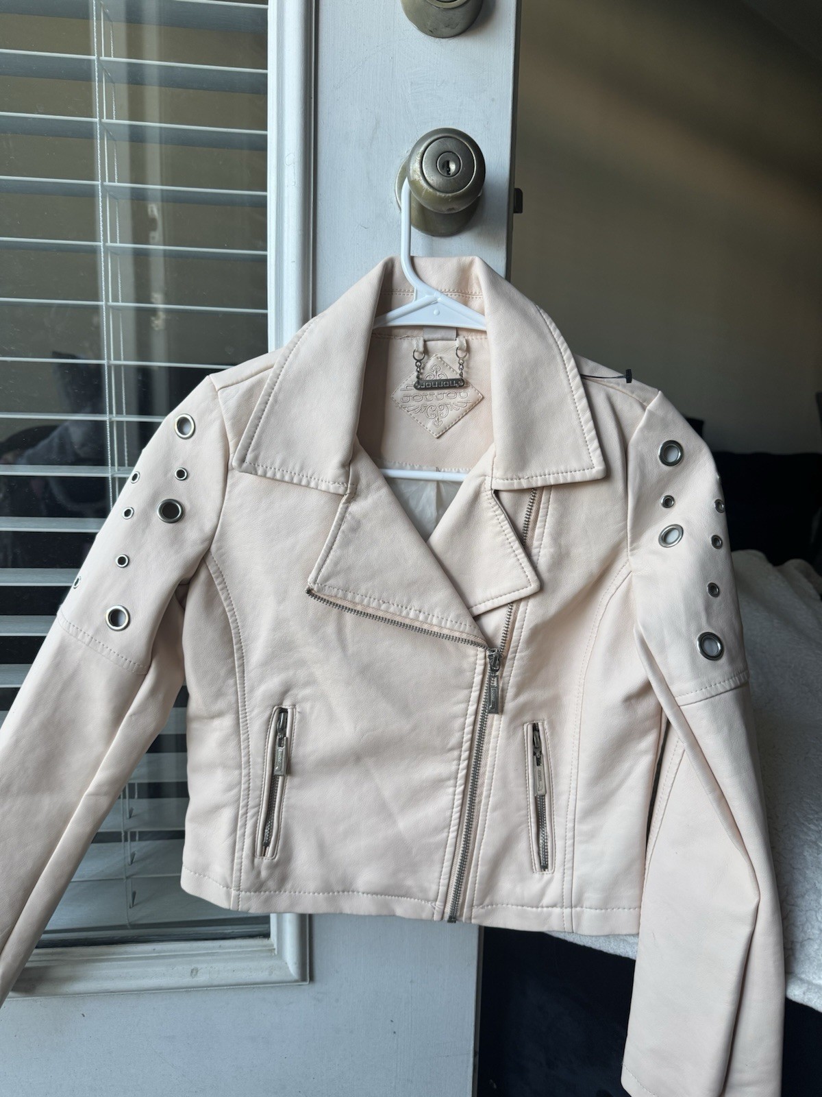 JouJou Light Pink Zip Front Faux Leather Moto Jacket size M with floral lining