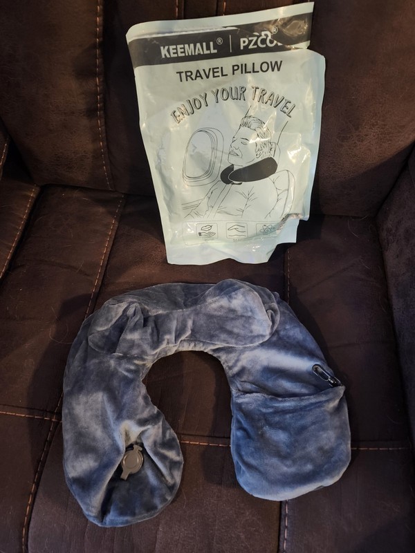 New Open Container Soft Grey Inflatable Travel Pillow
