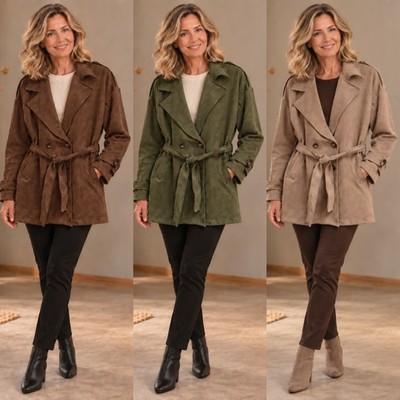Made in Italy Damen Übergangsjacke Wildleder Optik Bindegürtel Gr. 36-40/42