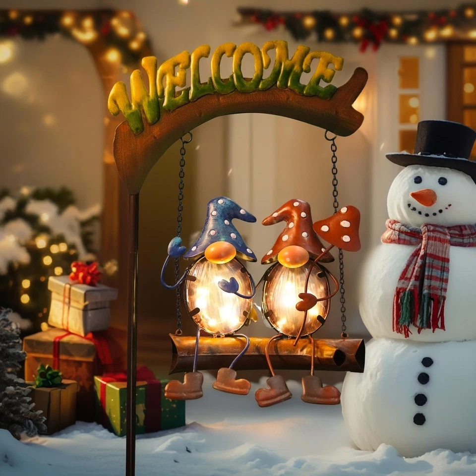 Gnomos Decoración Jardín Luces Solares Lindo Gnomo Columpio Decoración Exterior, Gnomos Patio Lig Foto 2 de 4