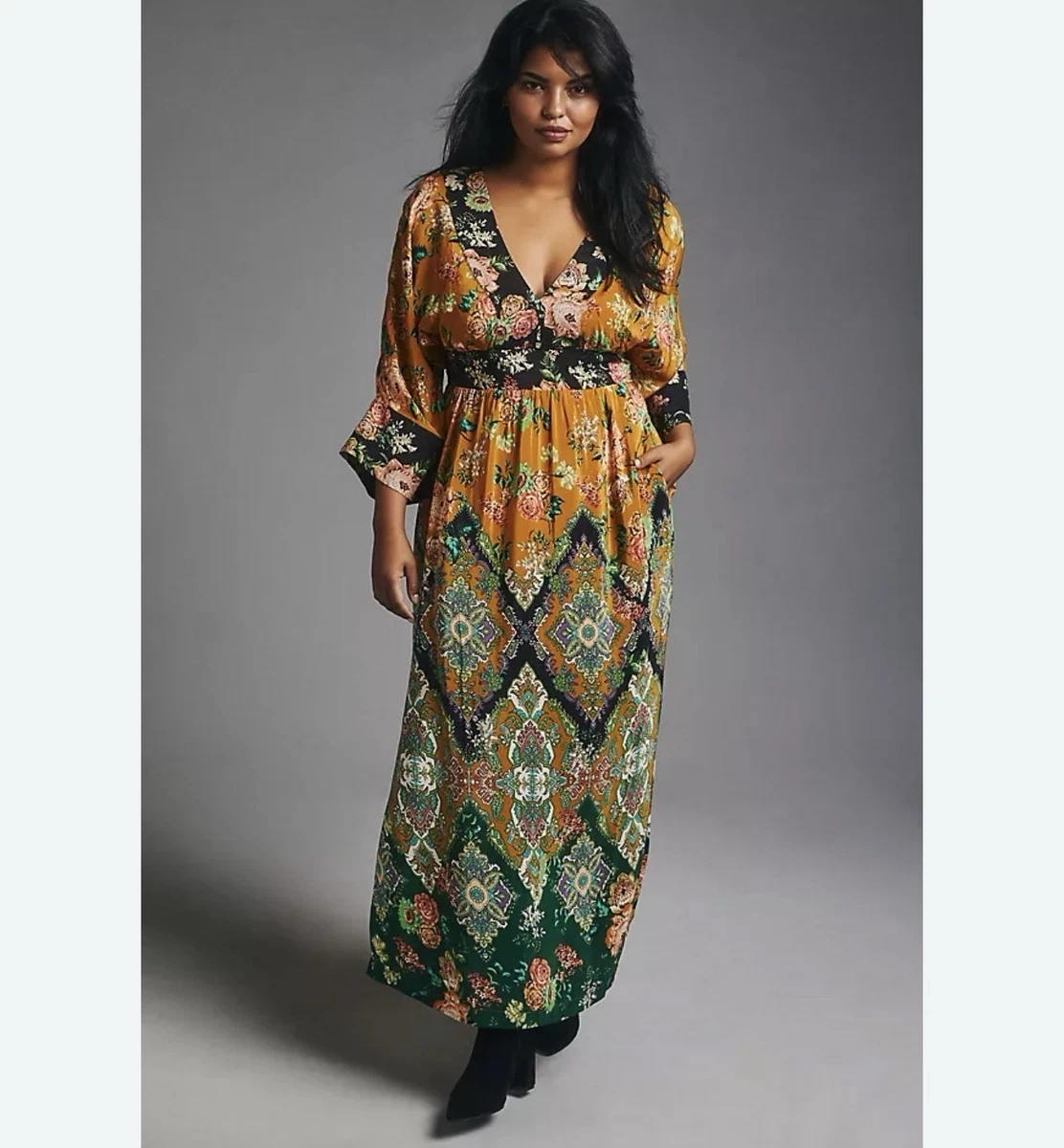 anthropologie maxi dress ebay Anthropologie NWT Abel the Label Maxi Dress S Red Floral Smocked Waist Ruffle