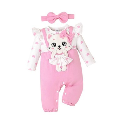 0-3 Months Baby Girl Clothes Newborn Romper Cute Cat Ruffled Long Sleeve Love...