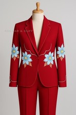 Men Red 2Pc Bespoke Floral Embroidered Piping Western Cowboy Wedding Suit