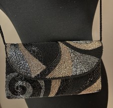 Walborg Hand Beaded Seed Bead Purse Vintage 60s Black Silver Evening Clutch Bag