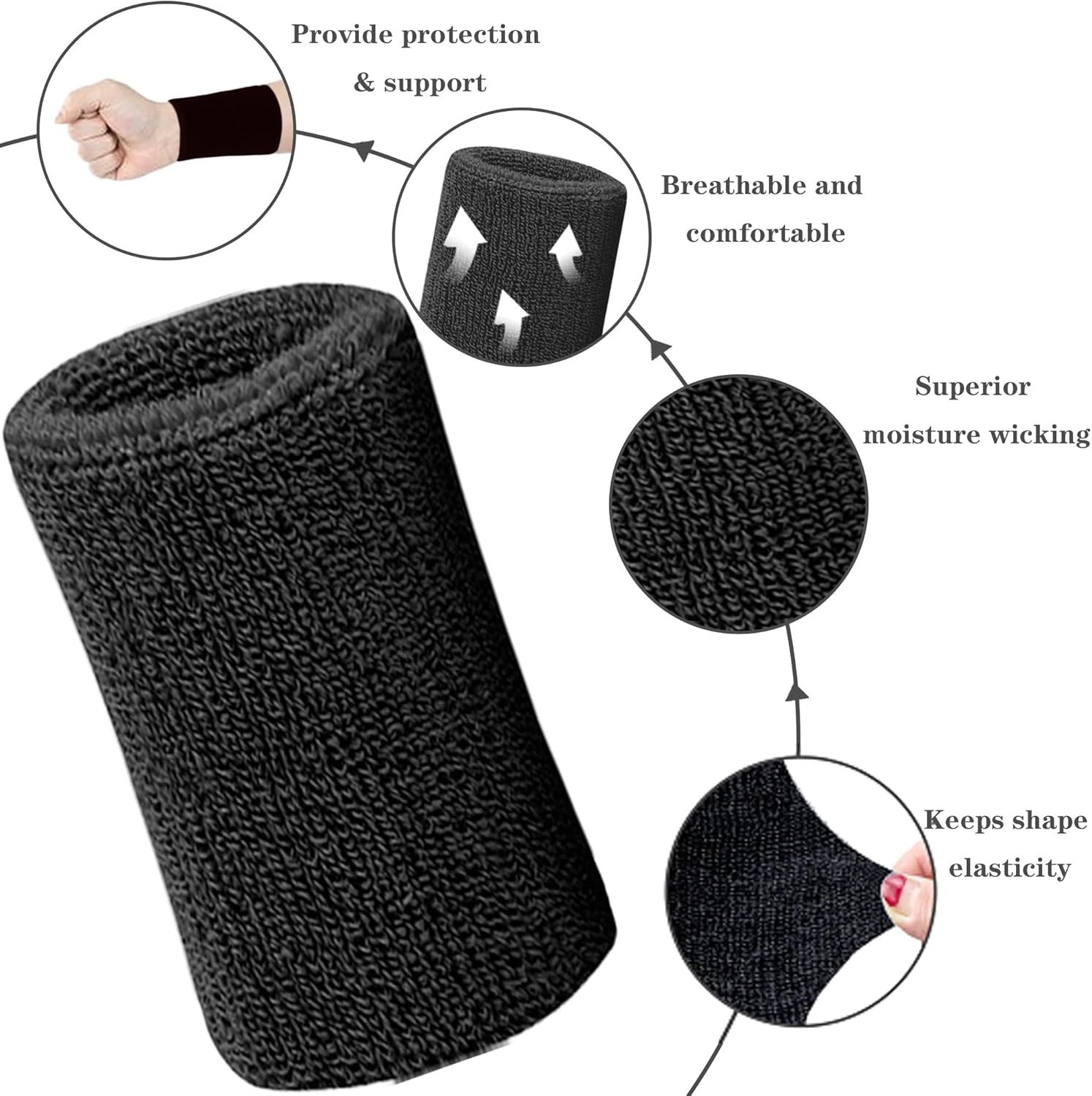 4 Pack 6 Inch Wrist Sweatbands Tennis Wrist Bands Absorbent Sweat Band for Me...