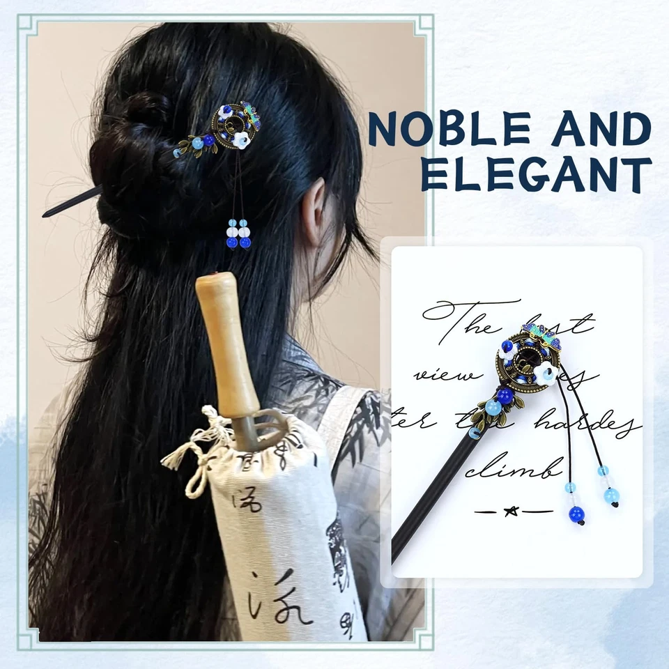 Paquete de 8 palos de madera alfileres de madera chinos con borla colgante cristal B... Foto 4 de 4